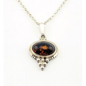 Vintage Amber Cabochon Sterling Silver Pendant Necklace 17 Inch Artisan Made